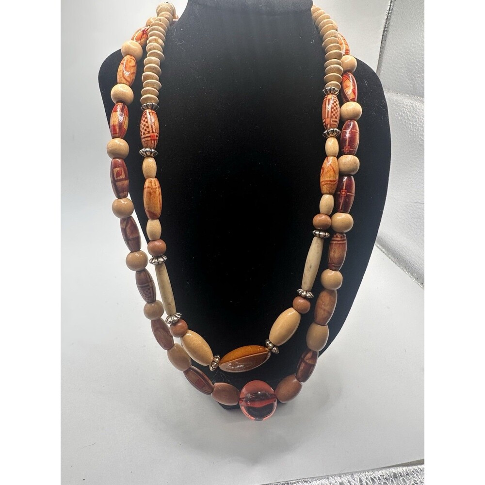 Vintage Boho Beaded Necklace Set Wood Resin Earth Tone Toggle Clasp Layering Set